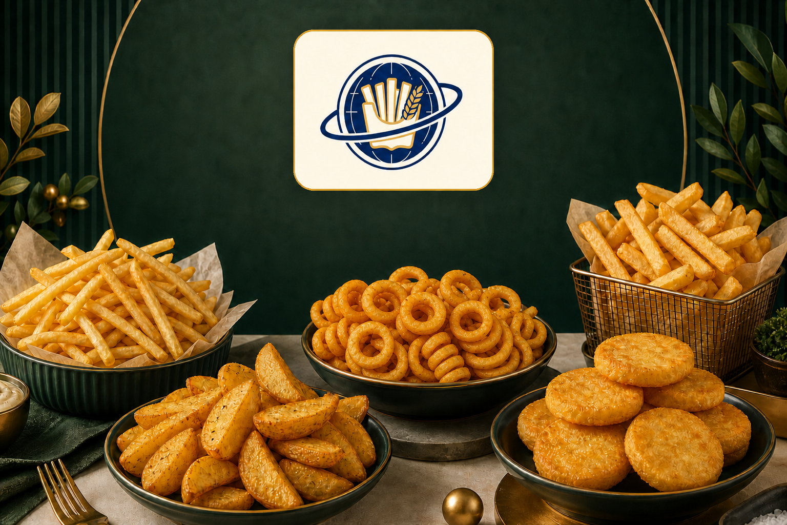 Decorative Yang's Fries potato product display with realistic golden curly fries