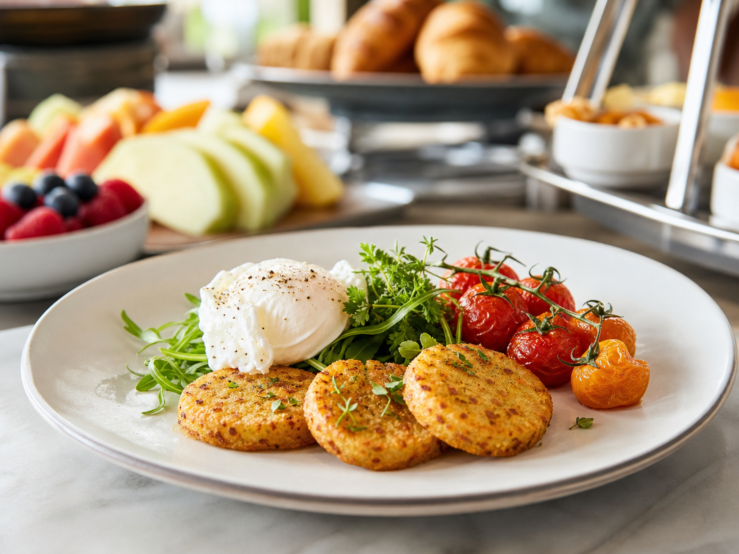 Round potato cakes for a hotel breakfast buffet